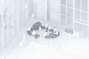 A bustling lobby with people walking, sitting, and standing in a space with multiple chairs and a sense of movement