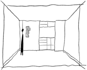 An empty room with a black and white color scheme, featuring two people standing on opposite sides of the space