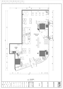 2D floor plan of a modern restaurant with a large dining area, kitchen, and bathroom, featuring linework, labels, and measurements
