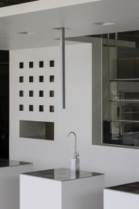Modern kitchen with a wall-mounted sink, metal sink, and nearby bottles, set in a well-lit space