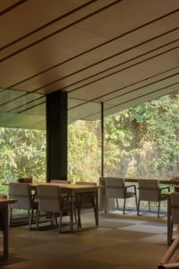 Modern restaurant interior with large windows, dining tables, and comfortable seating for guests