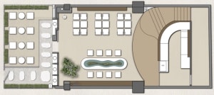 A modern lobby with chairs and a dining table, creating a comfortable and inviting atmosphere