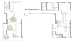 Architectural drawing of a modern house with two views of its interior layout, featuring a living room, kitchen, dining area, and bedroom, with clean lines and minimalistic elements