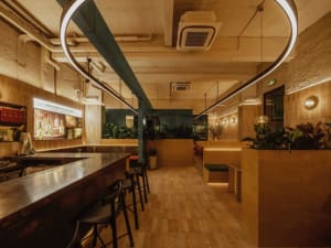 Open concept restaurant with a modern design featuring a bar area, potted plants, and inviting atmosphere