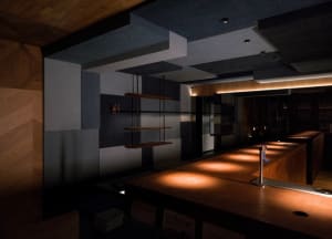 A modern bar area with a wooden countertop, metal sink, and inviting atmosphere, suitable for socializing and enjoying drinks