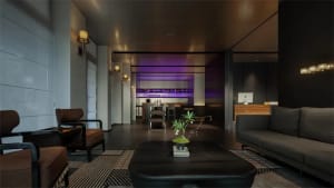 Elegant wine bar with a black table, chairs, and bottles, surrounded by dark wood accents and a sophisticated atmosphere