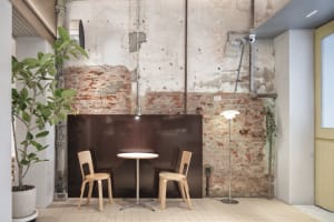 Warm and inviting dining space with wooden chairs, a small round table, and potted plants