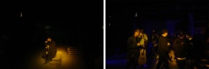 Two scenes, a dark music studio with a man and a guitar case, and a brightly lit public space with people engaged in various activities