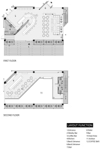 2D floor plan of a modern building with two levels, featuring a dining area, lounge, and kitchen, with dimensions, layout, and arrangement of spaces