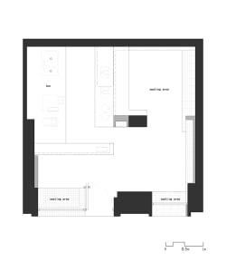 2D floor plan of a modern hotel with a sitting area, bar, and dining area, featuring linework, labels, and measurements