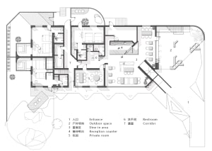 2D floor plan of a modern hotel with various rooms, entrances, and exits, featuring linework, labels, and measurements