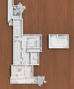 Architectural rendering of a two-story house with wooden elements, showcasing various rooms and a modern functional design
