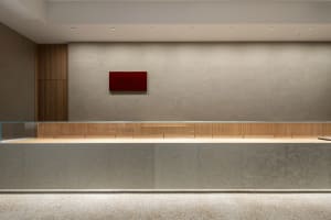 Empty lobby with a large wooden countertop, creating a warm and inviting atmosphere in a spacious room