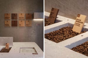 A coffee shop interior with a white display box and a container holding coffee beans, creating a cozy atmosphere