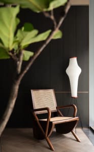 A cozy living area with a wooden chair, two potted plants, and a vase, creating a warm and inviting atmosphere
