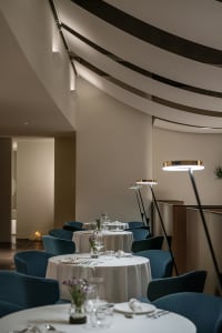 Dining area with multiple tables and chairs, warm and sophisticated ambiance, soft lighting, and potted plants