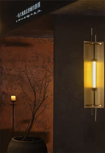 Cozy living space with a brick wall, a tree branch with sconces, and two potted plants