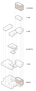 Black and white floor plan of a multi-level building with stairs connecting different floors