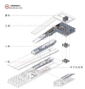 Architectural drawing of a modern building interior with a large room, bridge, staircase, and dining area, featuring clear lines and minimal decoration