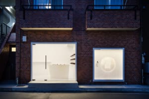A modern bathroom with a white bathtub visible through an open garage door, well-lit with possible natural or artificial light