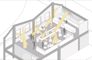Open office space with modern seating, natural light, and multiple dining tables