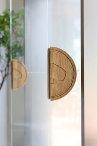 A modern interior design featuring a door with a wooden handle and circular design, surrounded by potted plants and a chair, in front of a glass wall