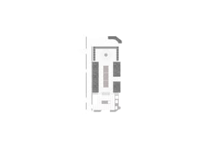 2D floor plan of a modern hotel with a large lobby and multiple rooms, including bedrooms, bathrooms, and common areas