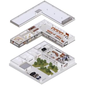 A 2D floor plan of an open office space with multiple rooms, chairs, and potted plants, conveying a sense of spaciousness and functionality