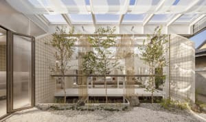 A cozy indoor space with a mix of living and garden areas, featuring potted plants, a dining table, and a couch, with a blend of natural and modern elements