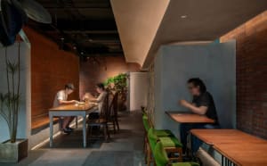 A restaurant interior with several round tables and chairs, potted plants, and an inviting atmosphere