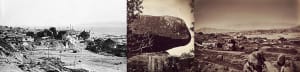 Black and white photos of a rock formation in a field, with trees and a natural ambiance