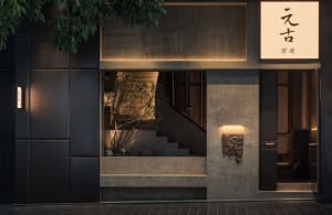 Exterior view of a building with a concrete staircase, two potted plants, and a contemporary urban atmosphere
