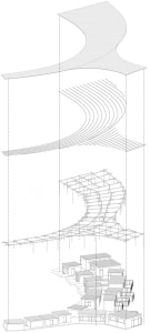 A rendered staircase with a metal railing set against a white background
