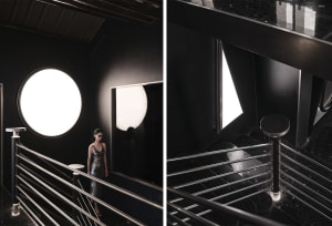 Black and white photos of a modern metal staircase with two women standing on the stairs in one photo and one woman in the other