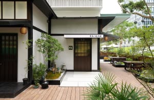 Asian-style house with a wooden deck, potted plants, and umbrellas, creating a calm and inviting atmosphere