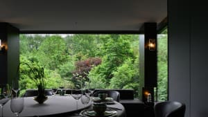 Dining area with a large window offering a view of trees, elegant table setting with wine glasses, bowls, and cups, and comfortable seating