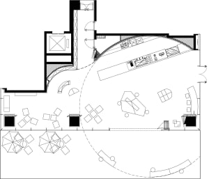2D floor plan of a modern restaurant with dining and seating areas, featuring linework, labels, and measurements