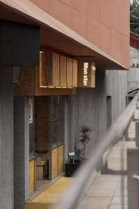 A commercial storefront with a wooden sign, two potted plants, and a focus on the exterior facade