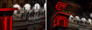 Exterior and interior views of a coffee shop at night, featuring red neon lights, a brick facade, and a metal frame, with a counter and seating area inside