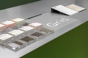 A wooden table in an indoor setting displays various items including coffee beans and papers