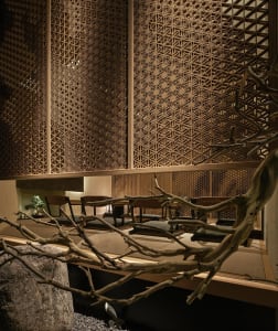 Warm and inviting interior design with wooden walls and ceilings, featuring chairs and a dining table in a modern setting