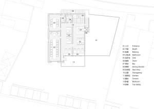 2D floor plan of a modern office complex with various rooms and spaces, including a lobby, dining area, and multiple offices, with room numbers, dimensions, and connections