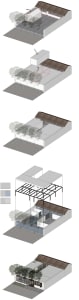 Architectural drawing of a modern house with a patio area, featuring walls, windows, doors, and furniture, rendered in a daytime setting