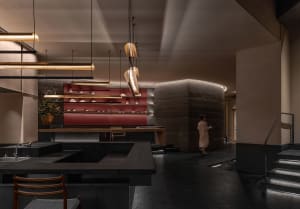 Elegant dining space with a long wooden counter, chairs, and a potted plant, providing a comfortable and inviting atmosphere for guests