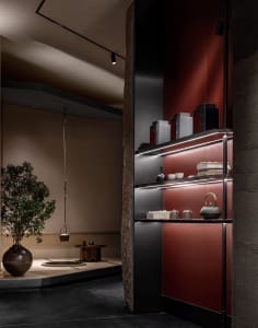 A modern interior space with a red wall, a black cabinet, and decorative items on display