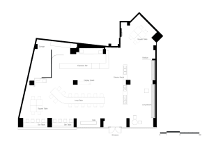 Empty modern space with a black outline of a floor plan, featuring simple lines and geometric shapes, with dim lighting
