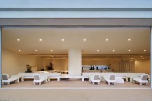 Open modern space with a large concrete wall, chairs, couches, and a potted plant, featuring clean lines and neutral tones