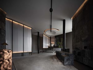 Black and white photo of a hotel lobby with a stone wall, two potted plants, and a sense of elegance and sophistication