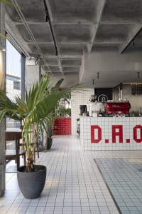 A modern restaurant interior with a counter featuring a coffee machine and sink, surrounded by potted plants and a chair, with a clean and organized atmosphere