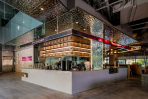 A cozy coffee shop interior with a bar area, chairs, cups, and bottles, creating a welcoming atmosphere for customers